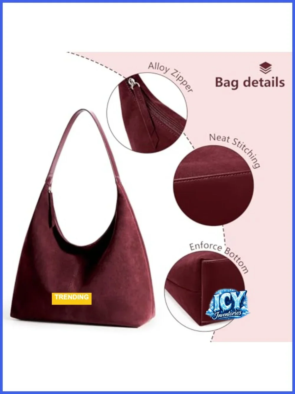Slouchy Tote Bag 18L Faux Suede Leather Hobo Zipper Shoulder Purse Work Travel